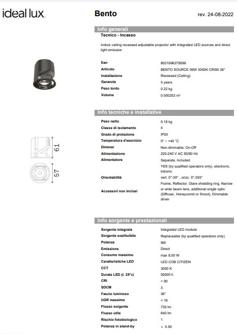 Ideal-Lux Spot Bento Sursă 09W 3000K CRI90 36° 3