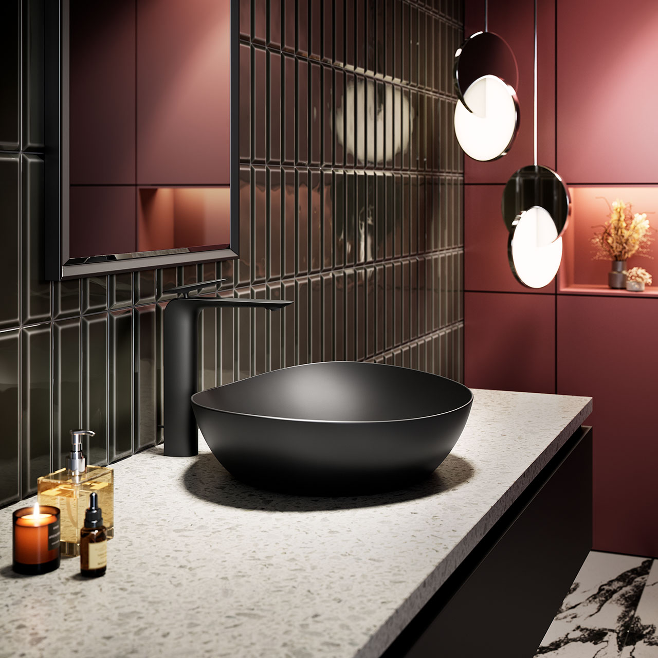 Vas TA, asimetric negru mat 465 mm, fără orificiu robinet, cu preaplin